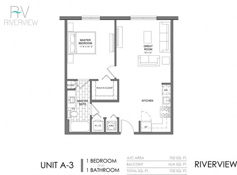 Floor plan for 1 bed, 1 bath, 702 sqft